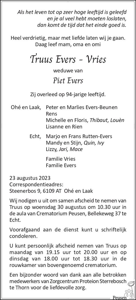 Truus Evers Vries Overlijdensbericht En Condoleances