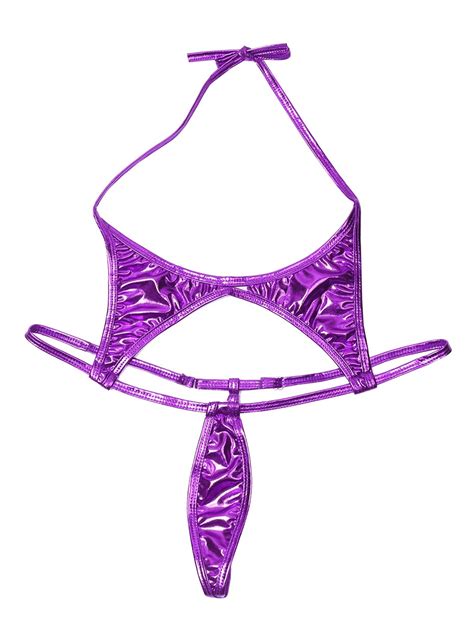 Iefiel Women Patent Leather Halter High Cut Bikini Thong Bodysuit
