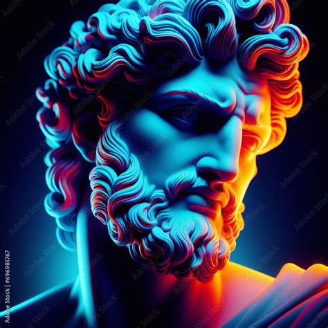 Ancient Statue Of Greek God Head Creative Concept Colorful Neon Image