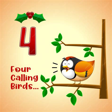 The 12 Days Of Christmas 4 Th Day Four Calling Birds Vector Hand