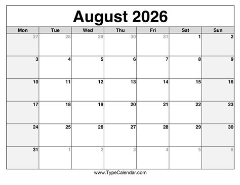 August 2026 Calendars Free Printable Templates