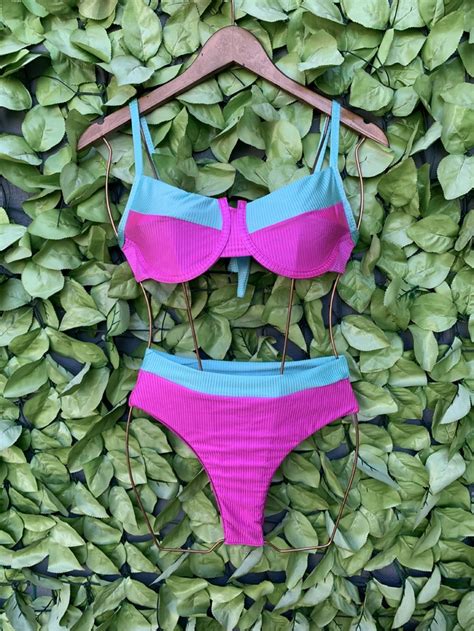 Bicolor Rosa e Azul Piscina Calcinha Hot Pants Top Meia Taça