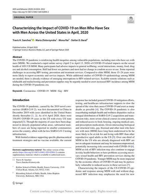 Characterizing The Impact Of Covid On Men Who Have Sex With Men Across The United States In