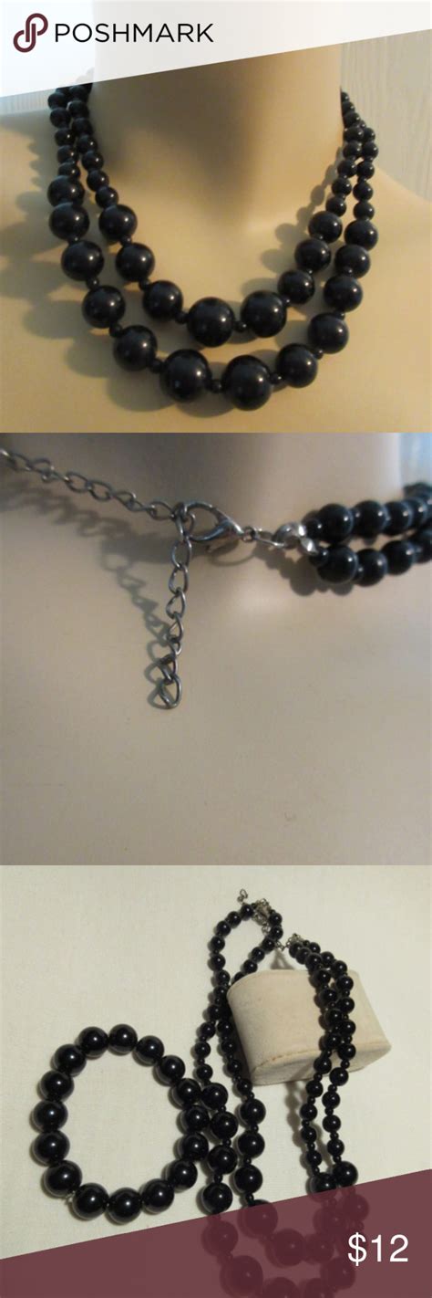 Set Of Graduated Black Beaded Necklace Bracelet Simple Graduated Round