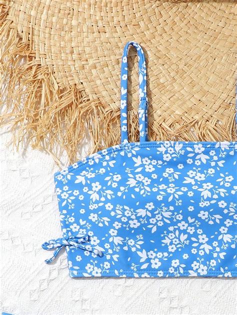 Conjunto De Bikini Con Estampado Floral Diminuto Y Falda De Playa Para Ni A Preadolescente