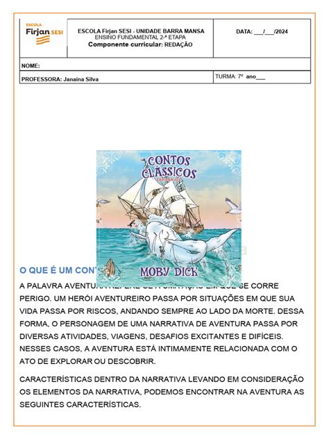 Conto De Aventura 7 Ano - Características do Conto de Aventura | PDF