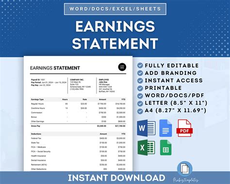 Employee Earnings Statement Template, Staff Pay Stub Template, Paycheck