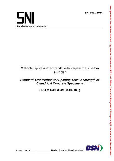 PDF Metode Uji Kekuatan Tarik Belah Spesimen Beton Silindersni