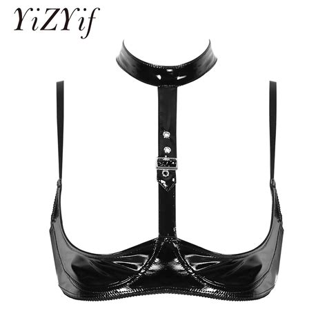 Women Open Cup Bra With Neckline Sexy Bra Tops Patent Leather Lingerie