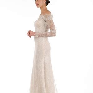 Long Sleeves Lace Bridal Gown With Train In Nude Color Fitted Silhouette Etsy