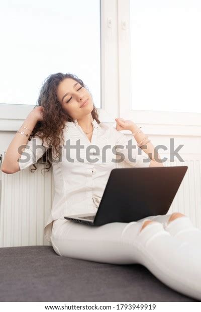 Beautiful Brunette White Outfit Relaxing On Stock Photo 1793949919 Shutterstock