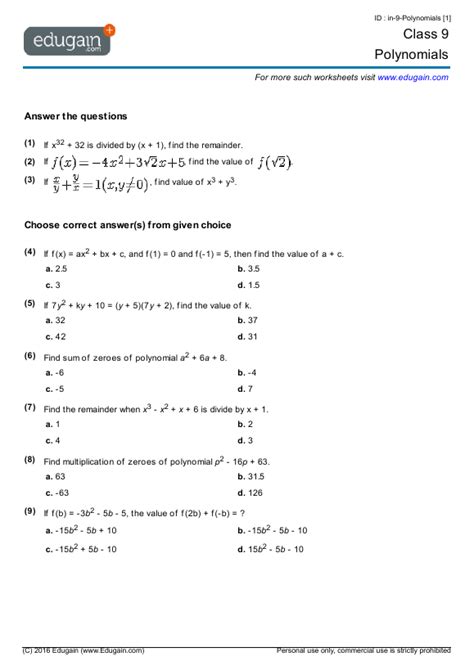 Class 9 Polynomials Worksheets In 2021 Polynomials Algebra Worksheets Year 9 Maths Worksheets