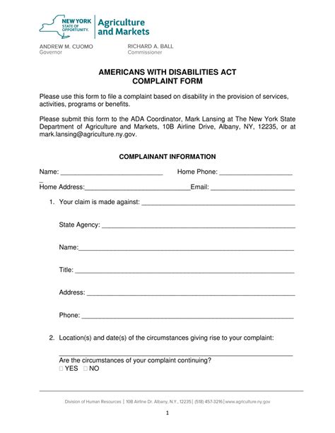 New York Americans With Disabilities Act Complaint Form Fill Out