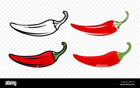 Cartoon Red Hot Chili Pepper Icon Set Closeup Isolated Hand Drawn Spicy Chili Pepper Vector