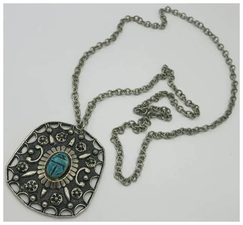 Egyptian Revival Turquoise Faience Scarab Pendant Necklace Silver Tone