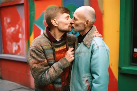Um Casal Gay Adulto Se Beijando E Comemorando Seu Amor Na Rua Generative Ai Foto Premium