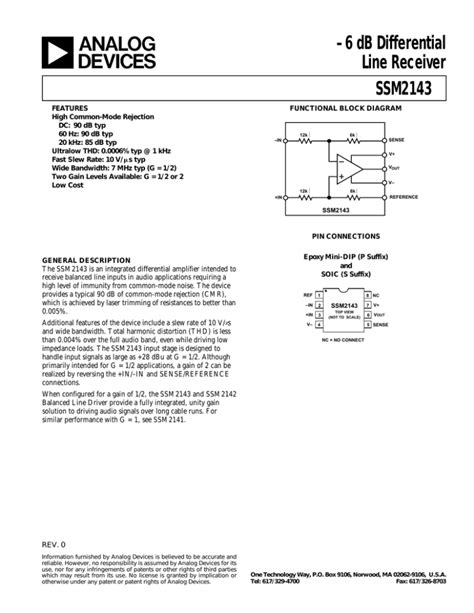 6 DB Differential Line Receiver SSM2143