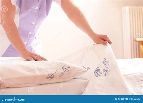 Woman Making Bed Stock Photo Image Of Pillow Rest Linen 47328948