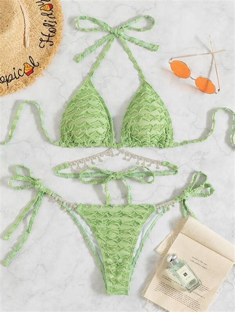 SHEIN Swim SXY Textured Bikini Set Rhinestone Fringe Triangle Bra Top Tie Side Bikini Bottom