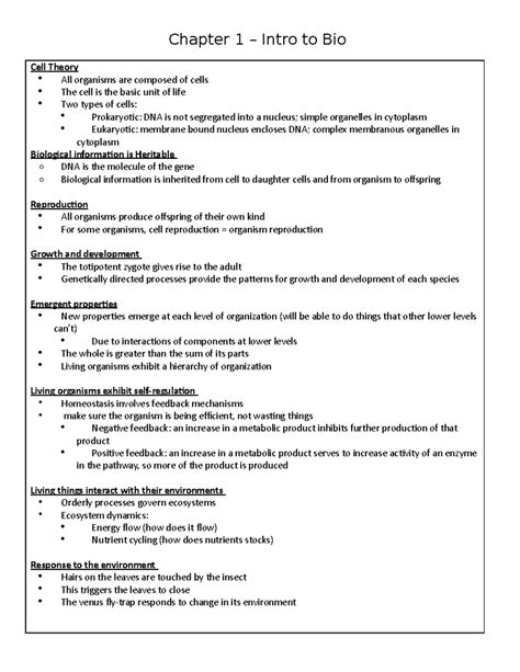 Chapter 1 – Intro to Bio - Chapter 1 Intro to Bio Cell Theory All