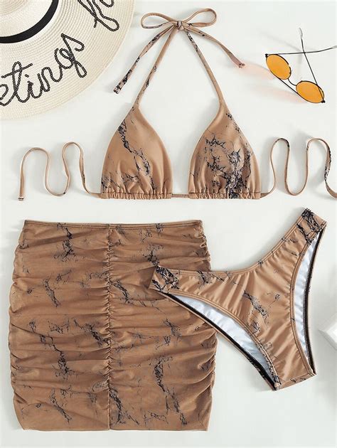 SHEIN Swim 3 paquetes de Bikini micro triángulo con estampado de mármol y falda de playa para el