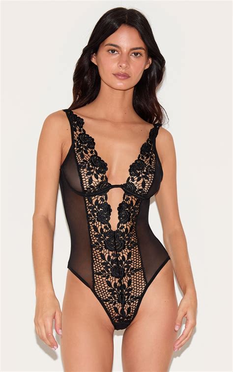 Black Mesh Deep Plunge Crochet Lace Bodysuit Lingerie Nightwear Plt Ksa