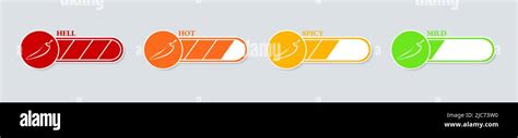 Spicy Hot Chili Pepper Icons Set With Flame And Rating Of Spicy Mild Medium Hot And Extra Hot