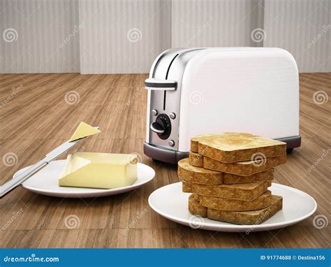 Butter Und Messer Neben Toaster Und Gegrilltem Brot Abbildung D Stock