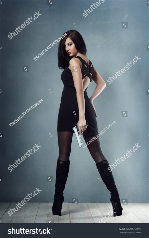 Sexy Brunette Girl Black Dress Boots Stock Photo Shutterstock