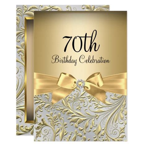 Elegant Gold Bow Floral Swirl 70th Birthday Party Invitation