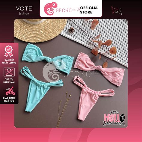 HCM Bikini GECKO Mảnh Quần Đan Dây Lọt Khe Áo Chéo Màu Pastel M C Ảnh Thật Màu