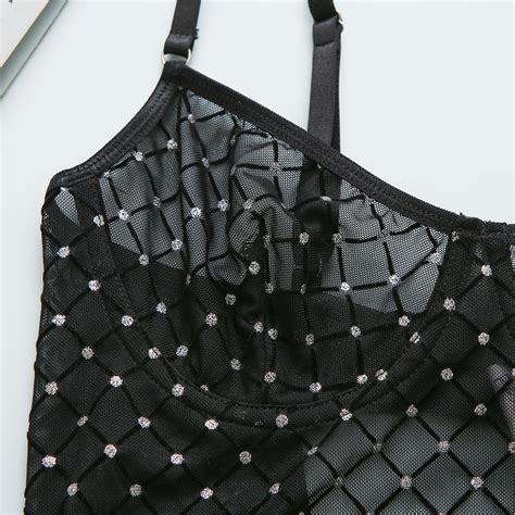 High Quality Shimmering Rhinestone Mesh Erotic Transparent Lingerie Teddy One Piece Lace Women