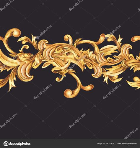 Watercolor Golden Baroque Floral Seamless Border With Curl Roco Stock