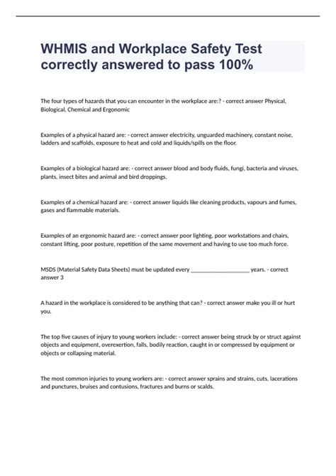 WHMIS and Workplace Safety Test correctly answered to pass 100% - WHMIS