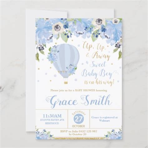 Hot Air Balloon Blue Floral Baby Shower Boy Invitation Zazzle