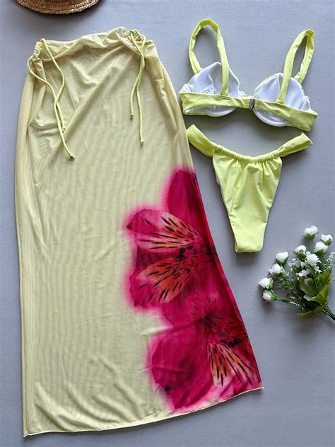 JSN 3 Pieces Bikini 2025 Sexy Women Swimsuit Swimwear Female Long Dress Cover Up Bikini Set