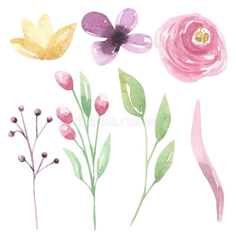 Watercolor Flowers Border Purple Yellow Pink Stock Illustrations