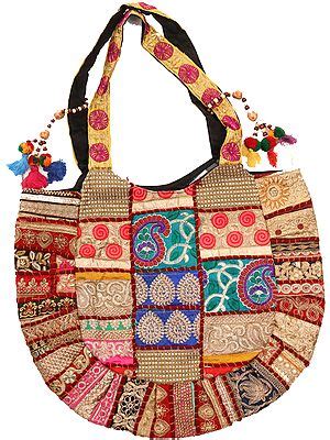 Garnet Red Shoulder Bag From Kutch With Floral Embroidery Exotic