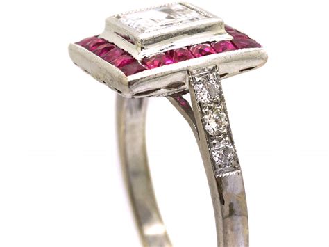 Art Deco Ct White Gold Aascher Cut Diamond French Cut Ruby Square