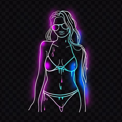 PSD Curvy Woman In Bikini Neon Watercolor Art Design With Shades Neon Line Art Simple Glow