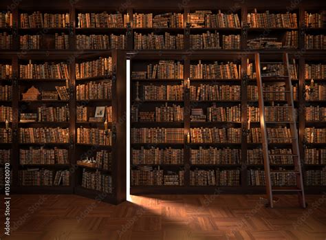 Secret Door In The Bookcase Mysterious Library With Candle Lighting