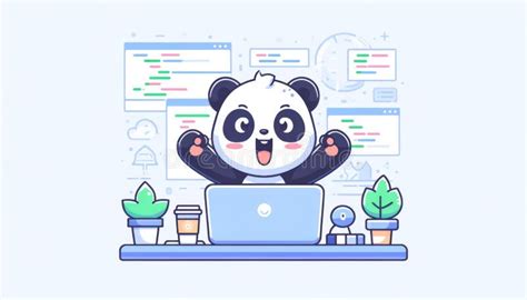 cute panda programmer working  laptop tech  coding concept stock