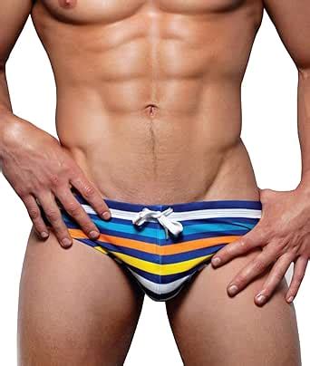 Mizok Men S Sexy Low Rise Swim Briefs Bikini Swimsuits Striped Trunks Swimwear Amazon