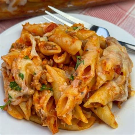 Baked Mostaccioli or penne pasta makes a classic cheesy casserole with
