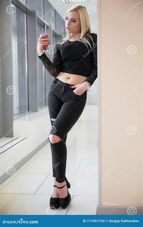 Cute Blonde Posing Near The Wall Stock Photo Image Of Charming Adult