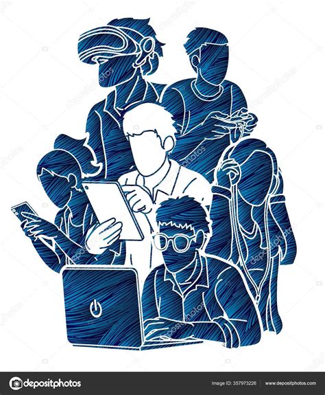 Group People Using Digital Devices Cartoon Graphic Vector Stock Vector