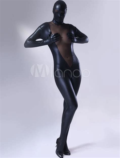 2015 New Arrival Marvellous Black Shiny Metallic Lycra Female Zentai