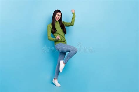 Full Size Photo Of Hooray Millennial Brunette Lady Yell Wear Eyewear Jumper Jeans Sneakers On