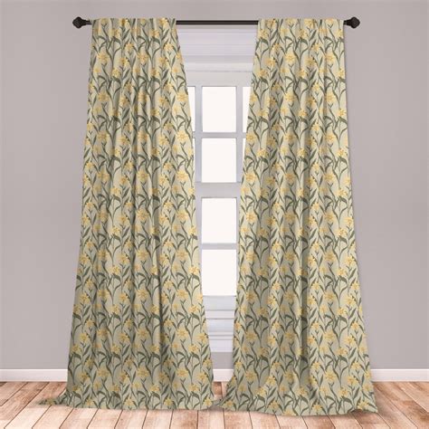 Yellow And Green Curtains 2 Panels Set Chamomile With Retro Design