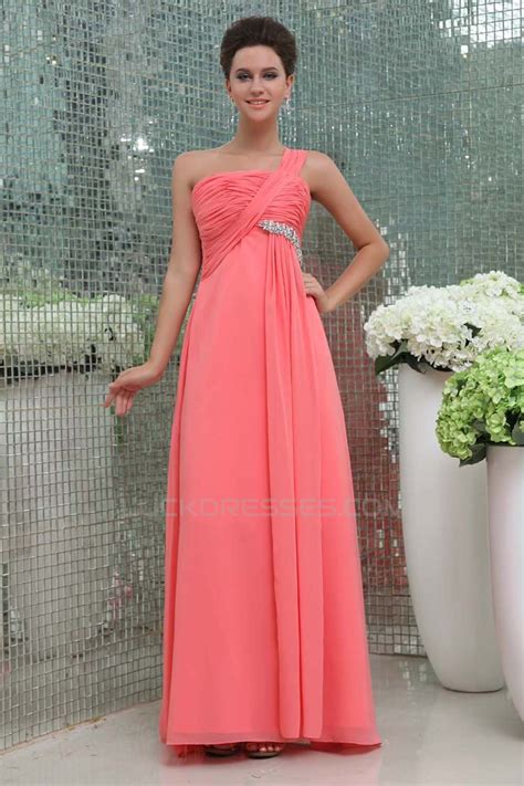 Empire One Shoulder Beaded Long Chiffon Prom Evening Formal Dresses